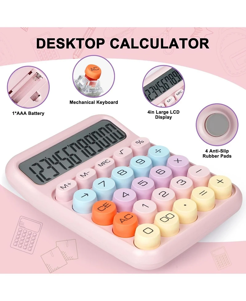 Danrong Mechanical Switch Calculator with Big Buttons, 12 Digits Large Lcd Display Desktop Calculator, Cute for Students