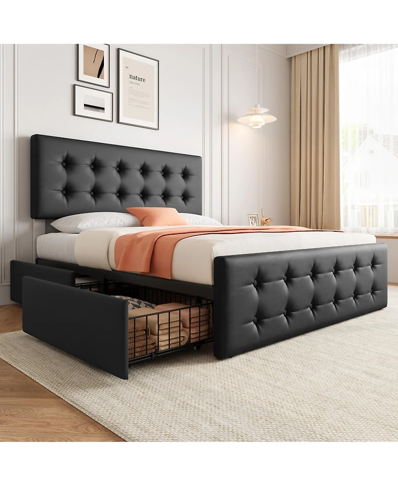 Homfan Upholstered Platform Bed Frame with 4 Storage Drawers, Button Tufted Headboard, Wooden Slats
