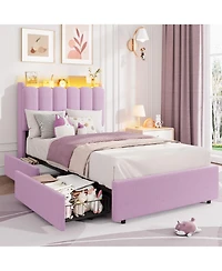homfan Upholstered Platform Bed Frame with Led Storage Headboard and 2 Drawers