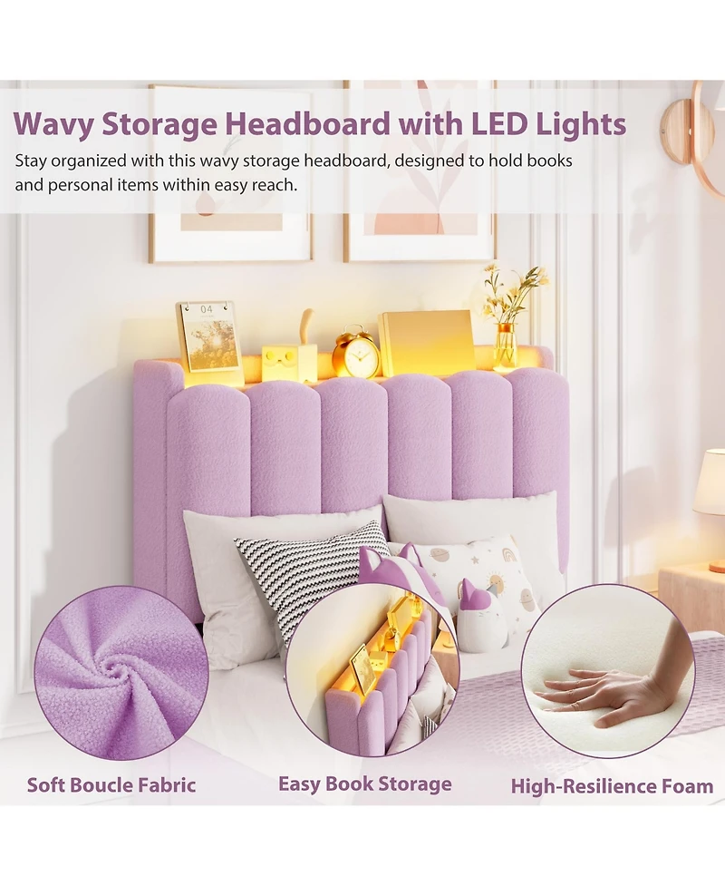 homfan Upholstered Platform Bed Frame with Led Storage Headboard and 2 Drawers