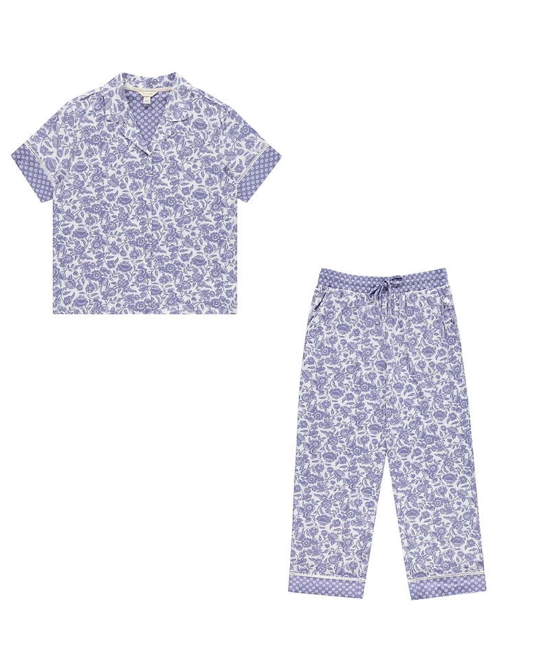 Vera Bradley Women's Iconic Twin Print Notch Top and Pajama Capri Pants, 2 Piece Set