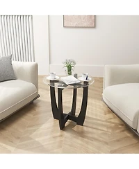 Gymax 23.5'' Round Side Table with Glass Tabletop Cross-shaped Solid Rubber Wood Frame