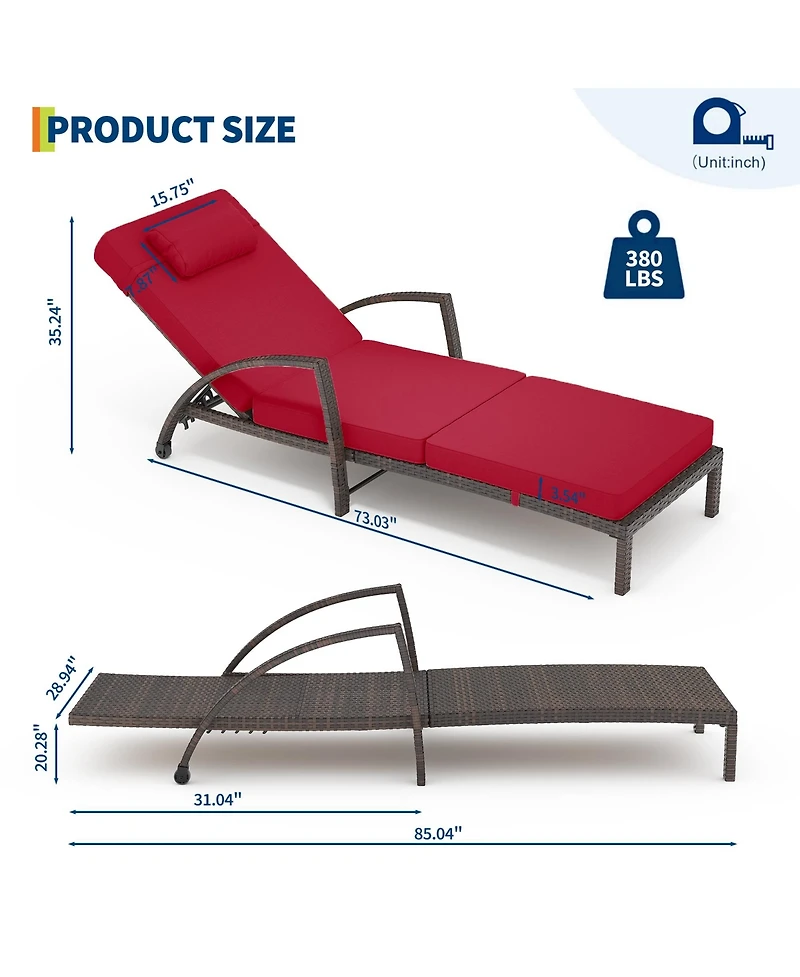 Homfan Adjustable Wicker Outdoor Chaise Lounge Chair with Wheels and Thick Washable Cushion, 5-Position Rattan Patio Recliner for Pool and Garden