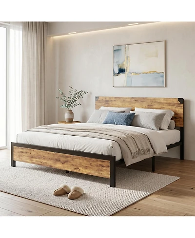 homfan Vintage-Industrial Bed Frame with Under-Bed Storage Drawers and Sturdy Metal Slats