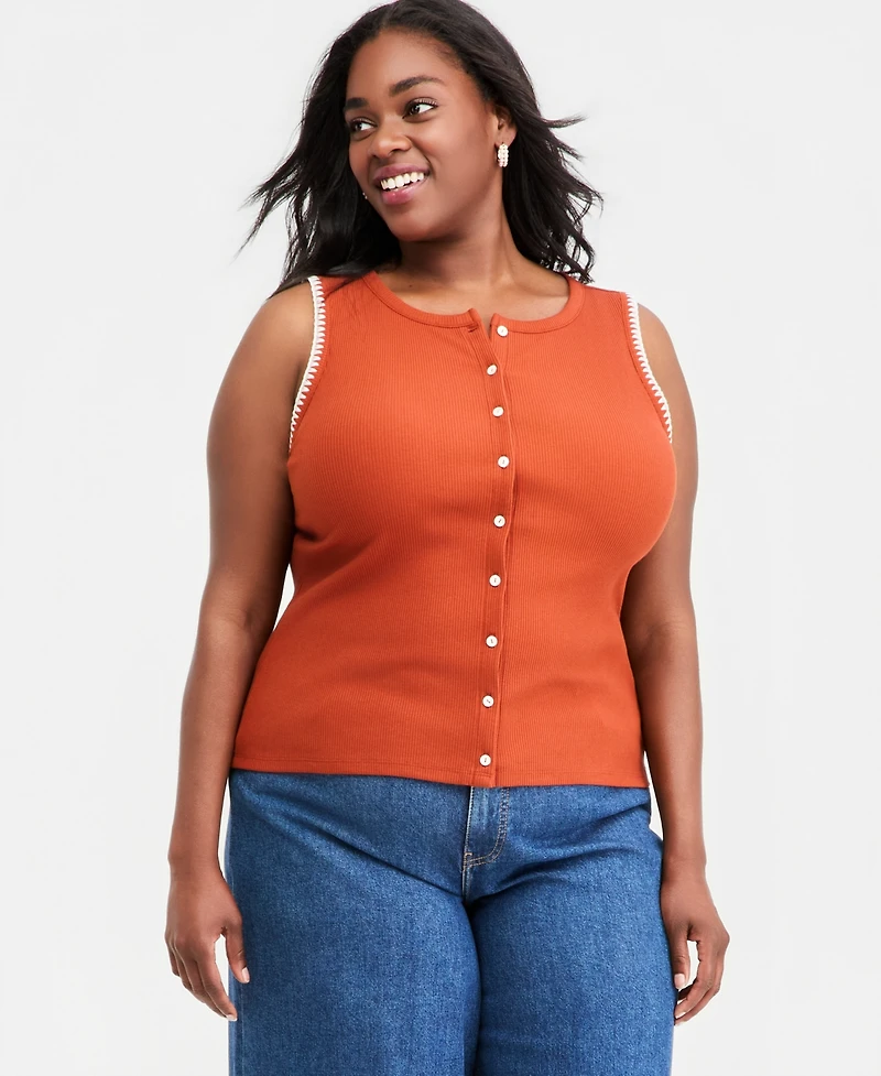 On 34th Plus Sleeveless Rib-Knit Whipstitch Button Front Top, Macy's Exclusive