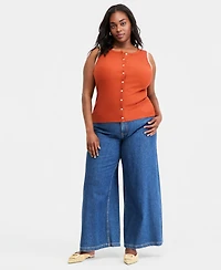 On 34th Plus Sleeveless Rib-Knit Whipstitch Button Front Top, Macy's Exclusive
