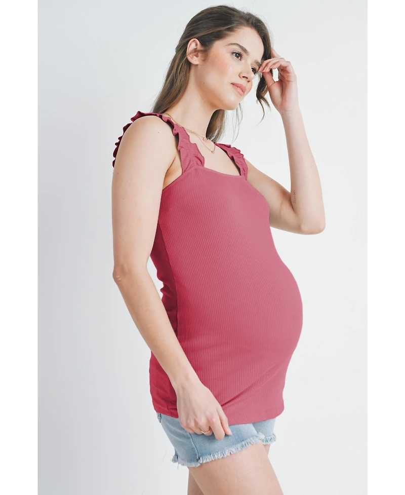 Hello Miz Maternity Square Neck Ribbed Tank Top with Ruffled Straps