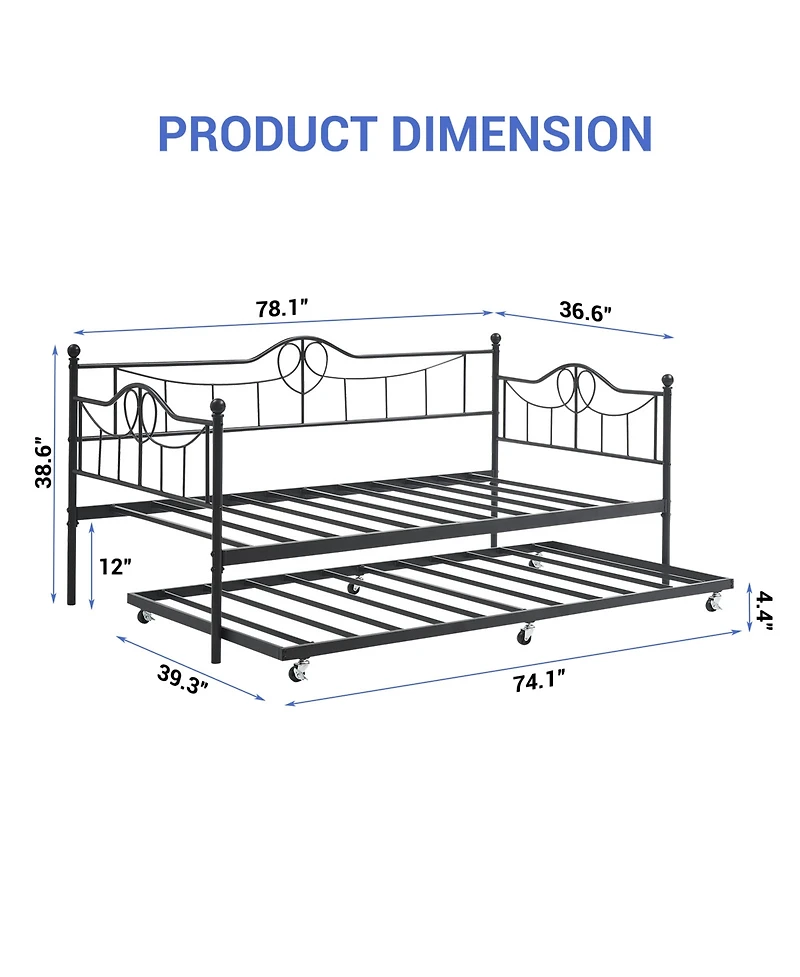 Daybed with Pull-Out Trundle, Metal Sofa Bed Frame with Slat Support and Decorative Headboards for Bedroom or Guest Room