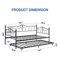 Daybed with Pull-Out Trundle, Metal Sofa Bed Frame with Slat Support and Decorative Headboards for Bedroom or Guest Room