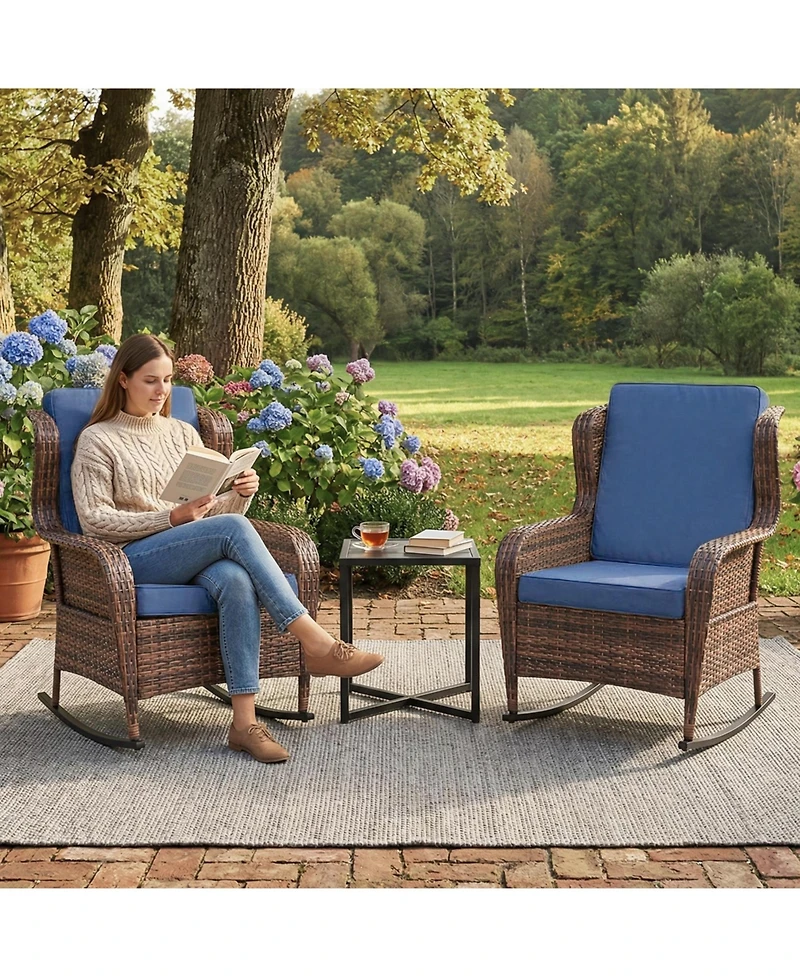 homfan Outdoor Wicker Rocking Chair with Cushions, All-Weather Patio Rocker for Porch, Deck, Balcony, or Garden