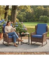 homfan Outdoor Wicker Rocking Chair with Cushions, All-Weather Patio Rocker for Porch, Deck, Balcony, or Garden