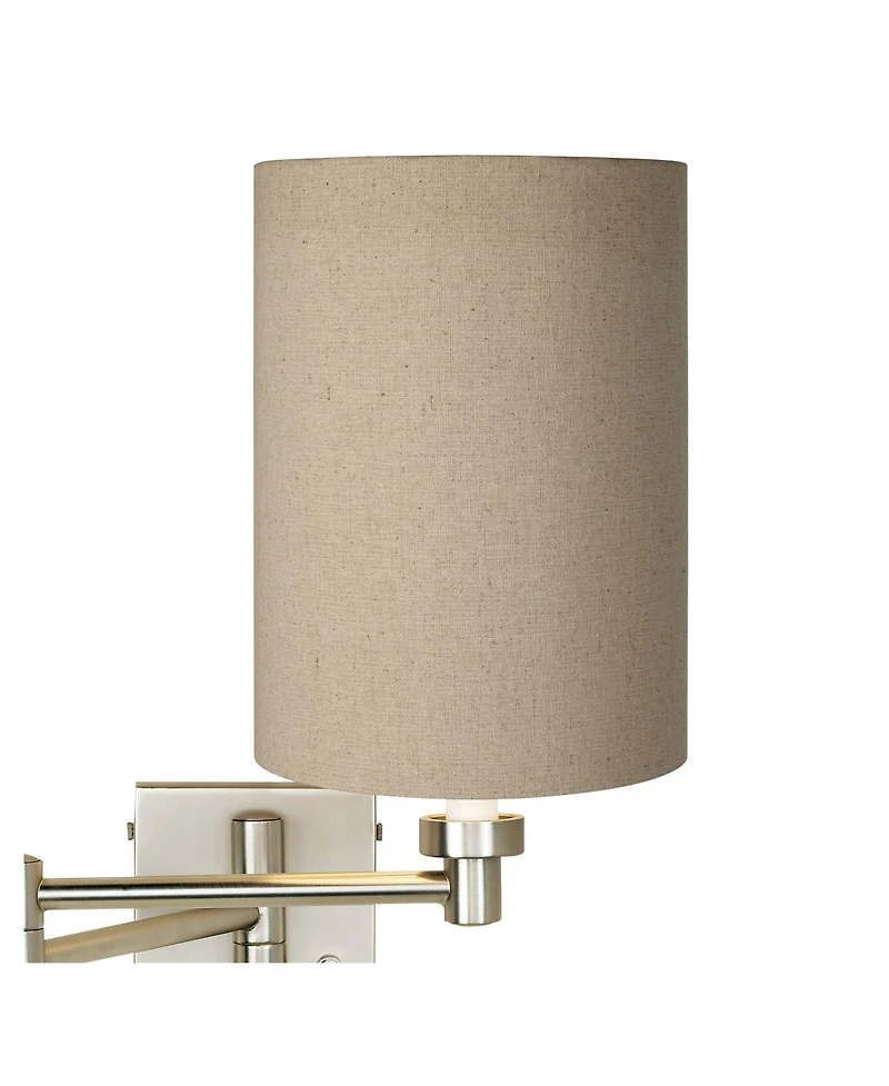 Possini Euro Design Modern Swing Arm Wall Lamp Brushed Nickel Plug-In Light Fixture Cotton Blend Cylinder Shade for Bedroom