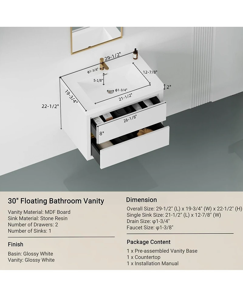 Sillysis Wall Mounted Bathroom Vanity with Glossy Resin Sink, Soft Close Drawers