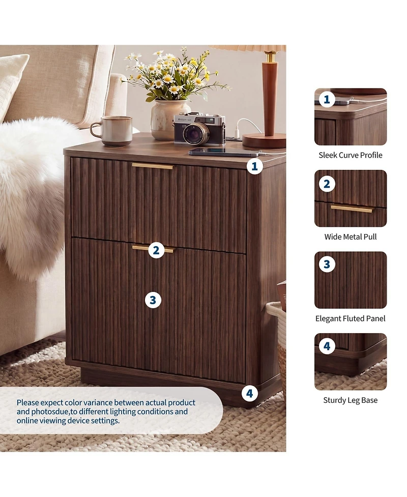 homfan Mid Century Modern Fluted Nightstands with Charging Station, 23 Inch 2-Drawer Curved End Table for Bedroom and Living Room