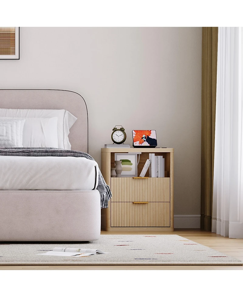 homfan Set of 2 Modern Fluted Nightstands with Charging Station, Drawers and Open Storage Shelf, Rounded Corners, Metal Handles, Wooden for Bedroom
