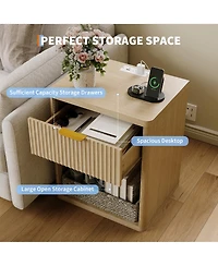 homfan Set of 2 Modern Fluted Nightstands with Charging Station, Drawers and Open Storage Shelf, Rounded Corners, Metal Handles, Wooden for Bedroom