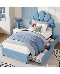 gaomon Twin Kids Bed Frame with 2 Storage Drawers, Velvet Upholstered Princess Headboard, Solid Wood Support