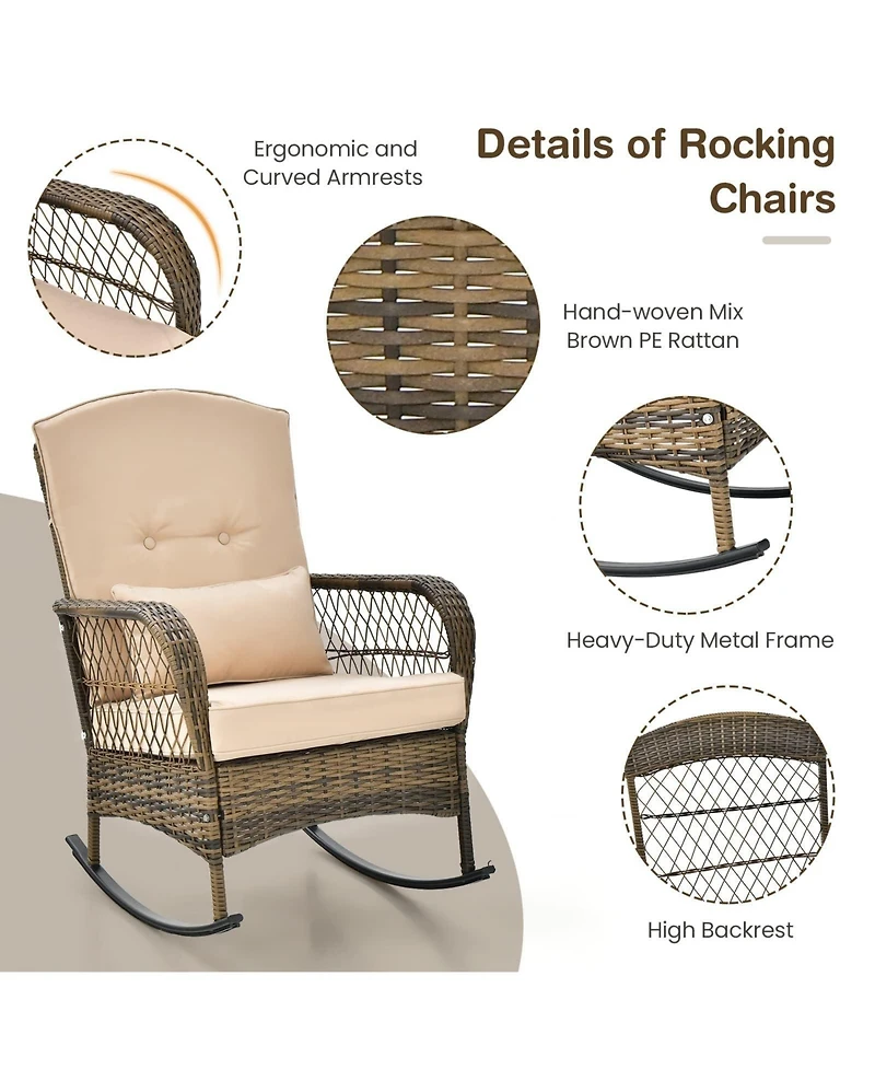 GarveeLife Outdoor Wicker Rocking Chairs, Pe Rattan Garden Rocking Chairs Wicker Garden Armchair with Thick Cushion Pillow Patio Rocker Chair
