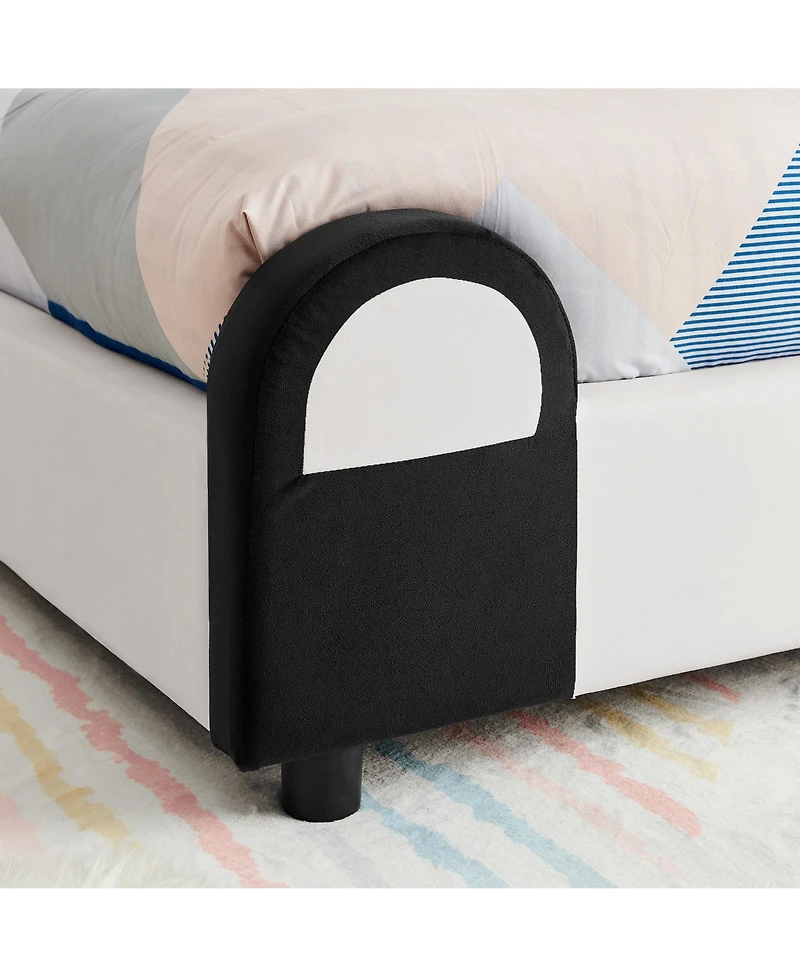 Rainsken Twin Size Upholstered Platform Bed, Solid Wood Kids Bed Frame with Cute Panda-Shaped Headboard, Safety Soft Padded Edges for Children
