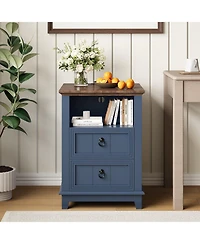 homfan 18 Inch Modern Farmhouse Wooden Bedside Table with Charging Station, 2 Drawers and Open Shelf, End Table for Bedroom and Living Room