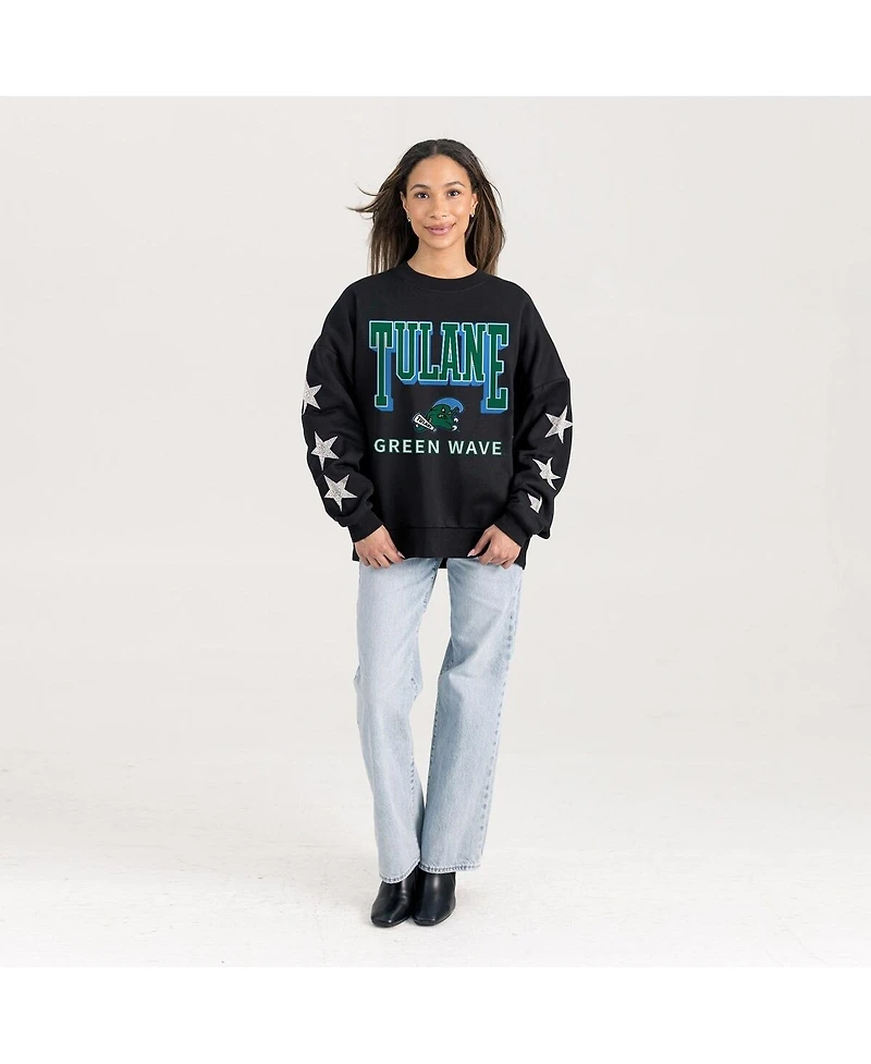 Gameday Couture Women's Black Tulane Green Wave Pure Victory Relaxed Rhinestone Pullover Sweatshirt