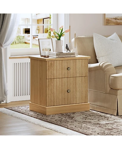 homfan 24 Inch Modern Fluted Nightstand, Small Accent Storage Cabinet with 2 Drawers, Curved Steady Base Side End Table