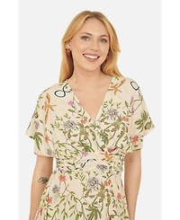 Yumi Women's Short Sleeve V-Neck Ruched Midi Dress