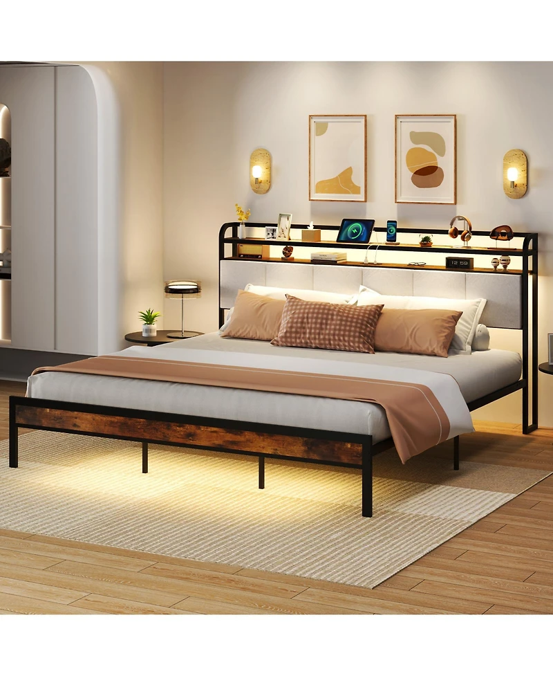 Gymax King Size Bed Frame w/Led Light and Charging Station Heavy Duty Metal Platform Bed