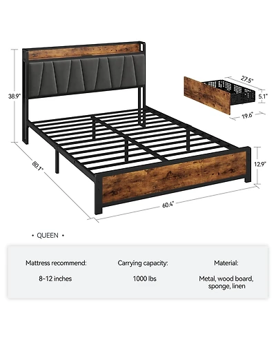 gaomon Queen Size Bed Frame with Storage Linen Upholstered Headboard, 4 Drawers Platform Bed Frame
