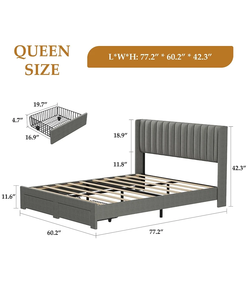 homfan Bed Frame with 2 Storage Drawers, Velvet Upholstered Platform Bed, No Box Spring Needed, Noise Free