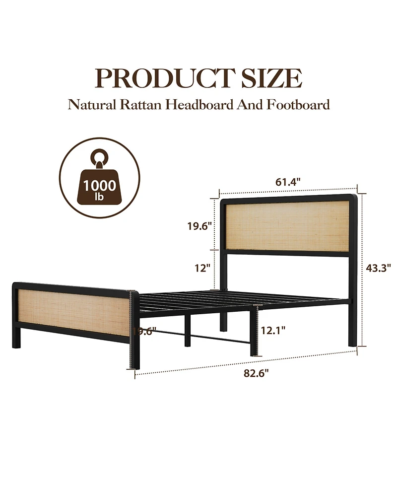 homfan Rattan Platform Bed Frame with Curved Headboard and Footboard, Metal Slat Support, Underbed Storage, No Box Spring Needed