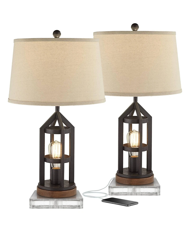 Franklin Iron Works Lucas Western Table Lamps Set of 2 with Square Risers 27.5 Inches Tall Usb Charging Port Nightlight Drum Shade for Home