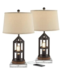 Franklin Iron Works Lucas Western Table Lamps Set of 2 with Square Risers 27.5 Inches Tall Usb Charging Port Nightlight Drum Shade for Home