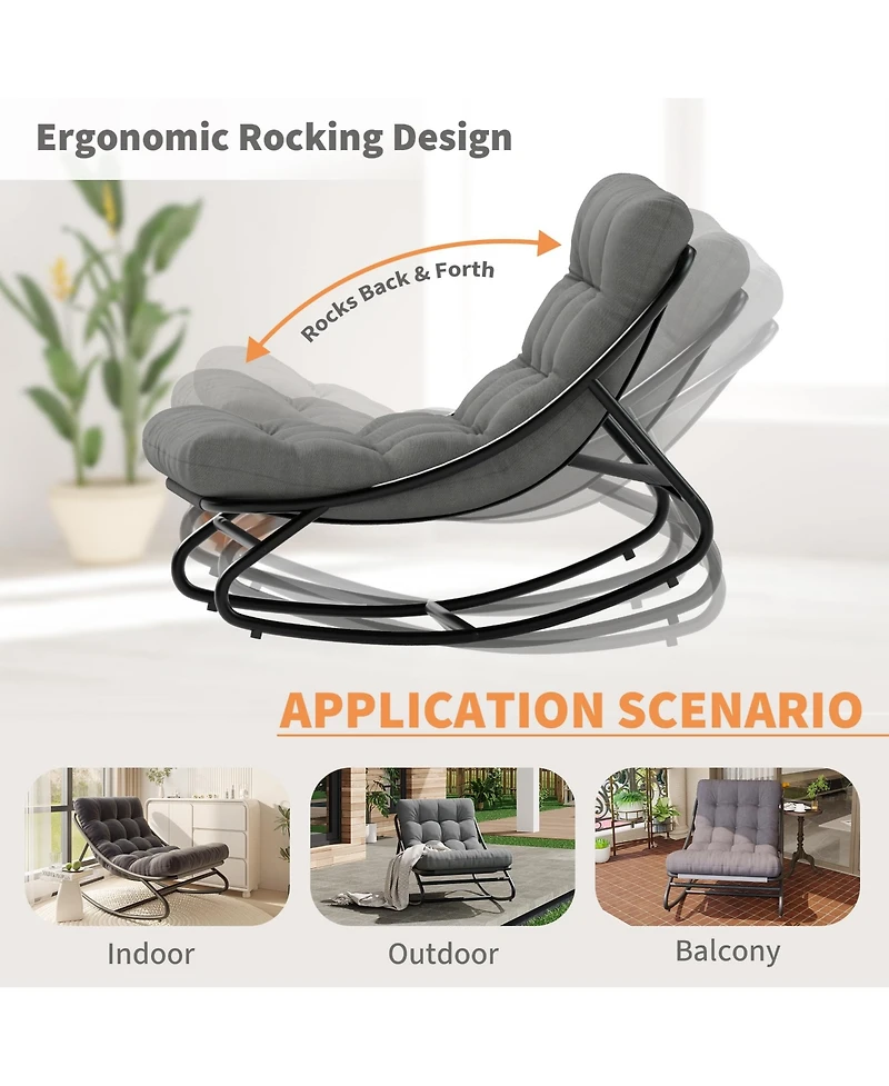 homfan Indoor Outdoor Rocking Chair with Removable Cushions, Metal Frame Lounge Seat for Patio, Garden, Nursery, or Living Room