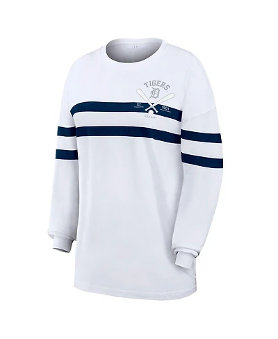 Wear by Erin Andrews Women's White Detroit Tigers Oversized Long Sleeve Striped T-Shirt