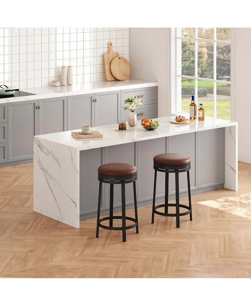 homfan Set of 2 Modern Adjustable Bar Stools, Round Faux Leather Seat, 360degree (s) Swivel, Metal Frame Footrest, 127kg Capacity for Kitchen Dining