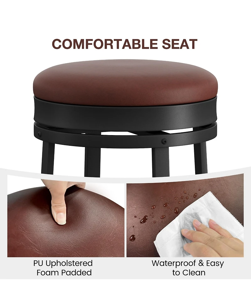 homfan Set of 2 24 Inch Swivel Counter Height Bar Stools, Backless Round Pu Leather Seat, Strong Metal Frame Modern Chairs for Kitchen
