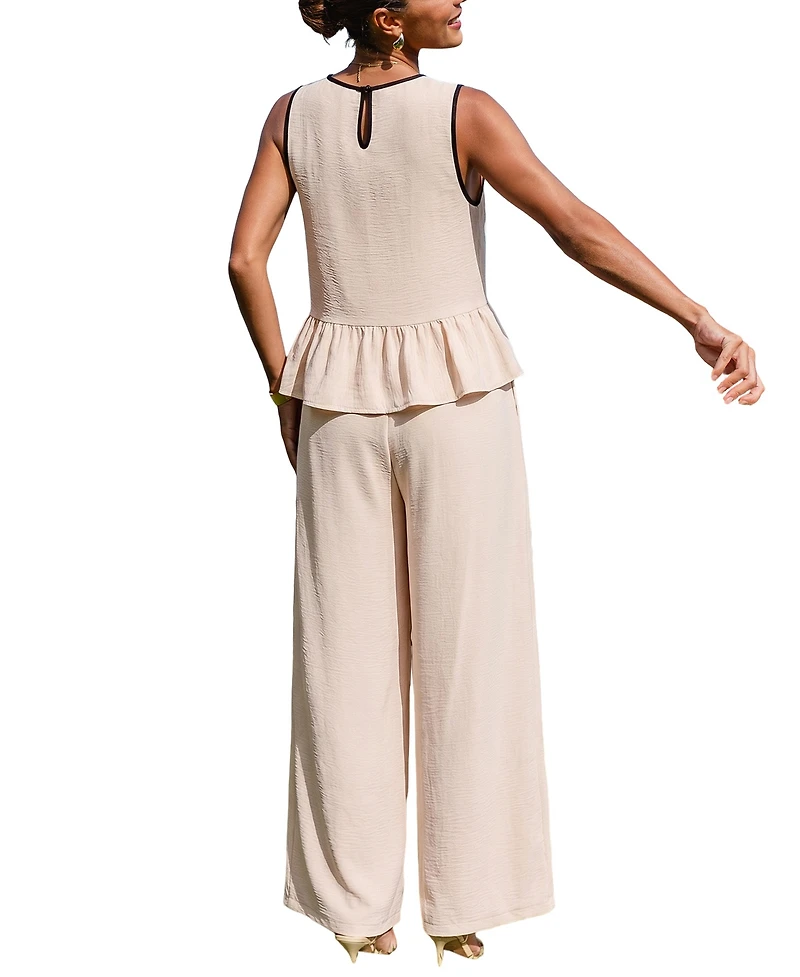Cupshe Women's Crew Neck Unlined Long Pants Set