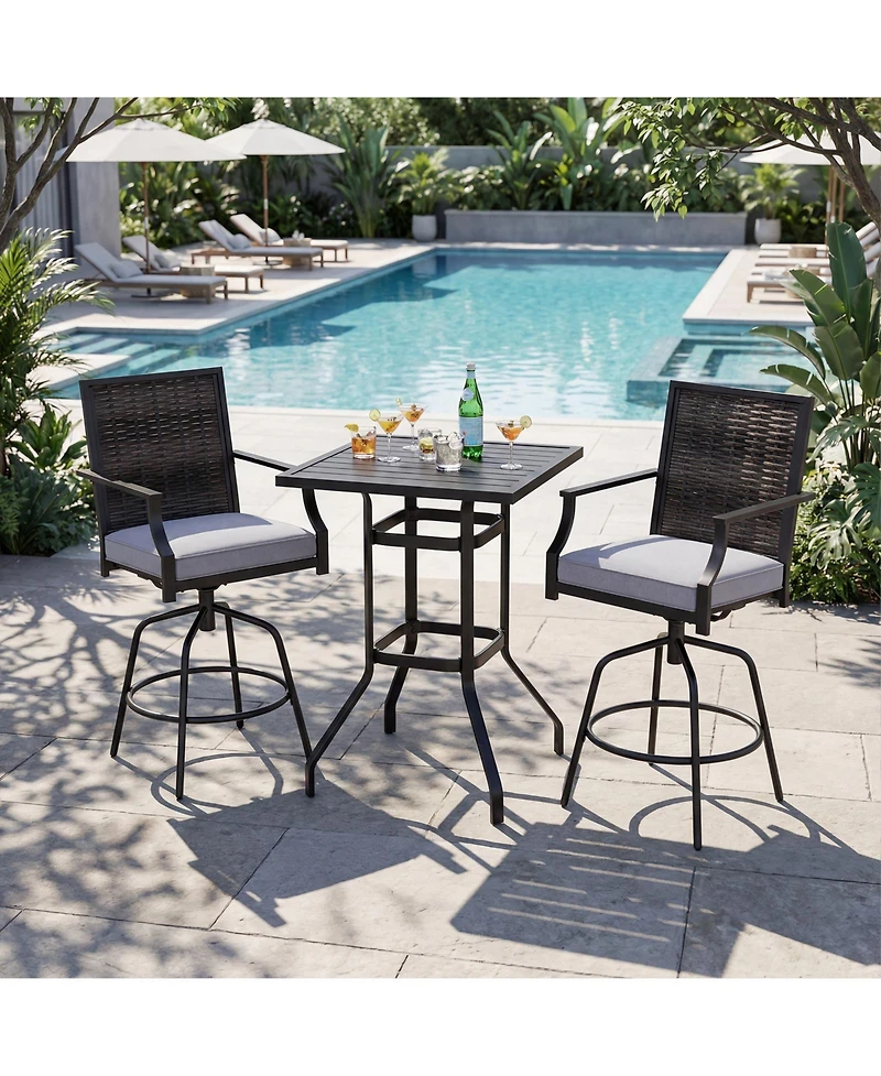 Slickblue Outdoor Bar Table Set 3 Piece with Swivel Rattan Chairs