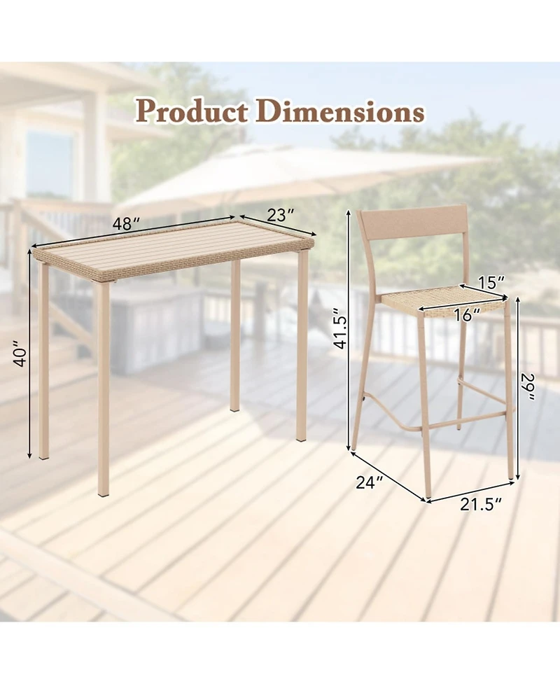 Sugift 3-Piece Patio Bar Table Set with High Table and 2 Armless Chairs