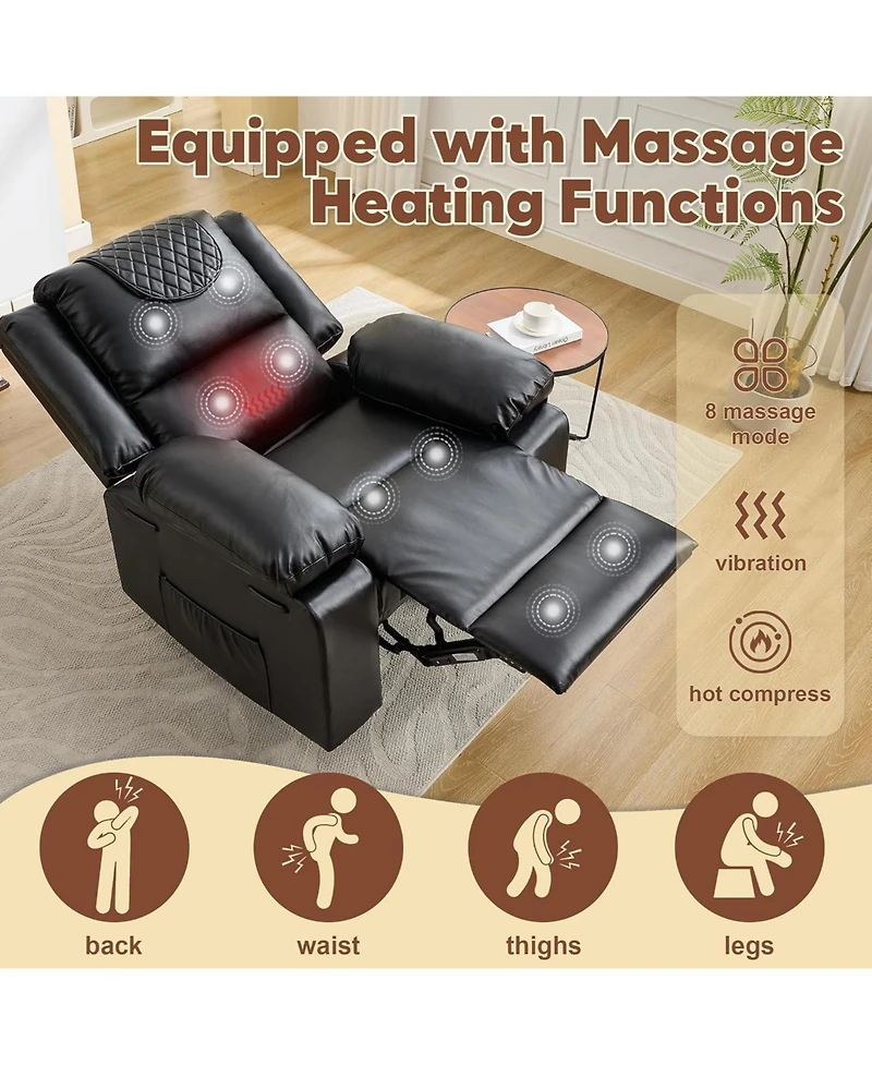 gaomon Oversized Pu Leather Manual Recliner with Vibration, Heating and Side Pocket. Perfect for Living Room or Bedroom