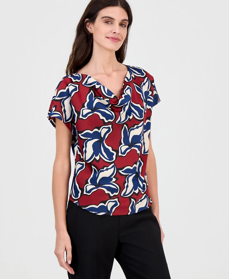 Anne Klein Women's Printed Cowl-Neck Short-Sleeve Top