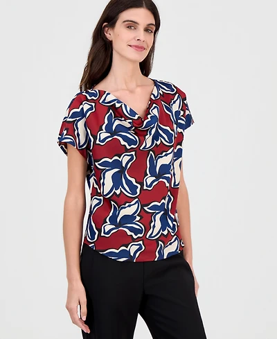 Anne Klein Women's Printed Cowl-Neck Short-Sleeve Top