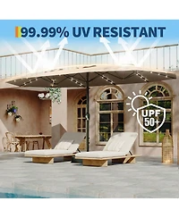 homfan 15FT Double-Sided Patio Umbrella with Solar Led Lights and Base, Uv Waterproof Canopy, 12 Ribs, Double-Layer Fabric, Heavy Frame