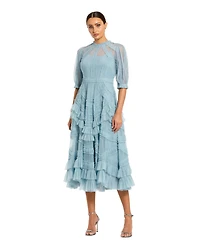 Mac Duggal Women's High Neck Puff Sleeve Ruffle Tiered Dress