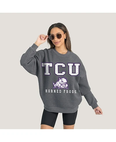 Gameday Couture Women's Heather Charcoal Tcu Horned Frogs Oversized Distressed Fleece Pullover Sweatshirt
