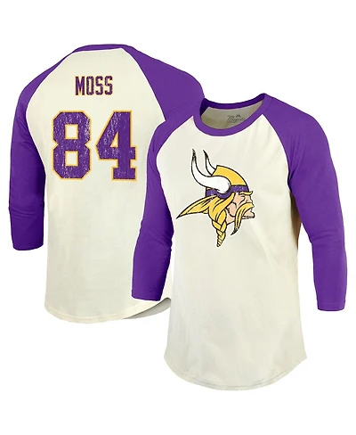 Majestic Threads Men's Randy Moss Cream/Purple Minnesota Vikings Retired Player Name & Number 3/4 Raglan Sleeve T-Shirt