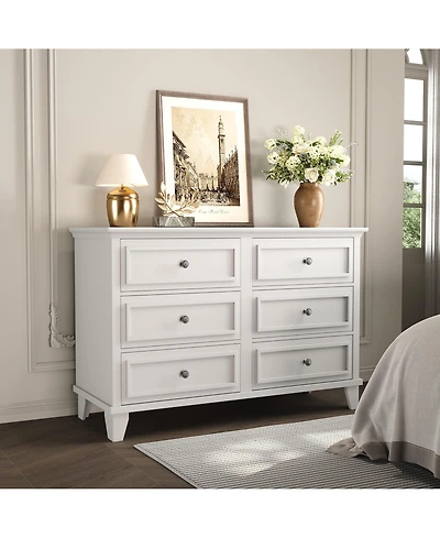 homfan Modern 6 Drawer Wide Wooden Dresser - Large Storage Chest with Exquisite Metal Handles