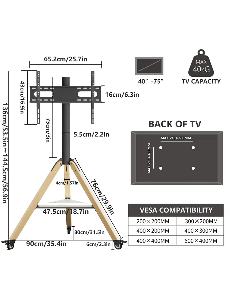 Unho Corner Floor Tv Stand with Wheels for 40-75 Inch Tvs, Wood Tripod TV Mount, Vesa 600x400 up to 88lbs