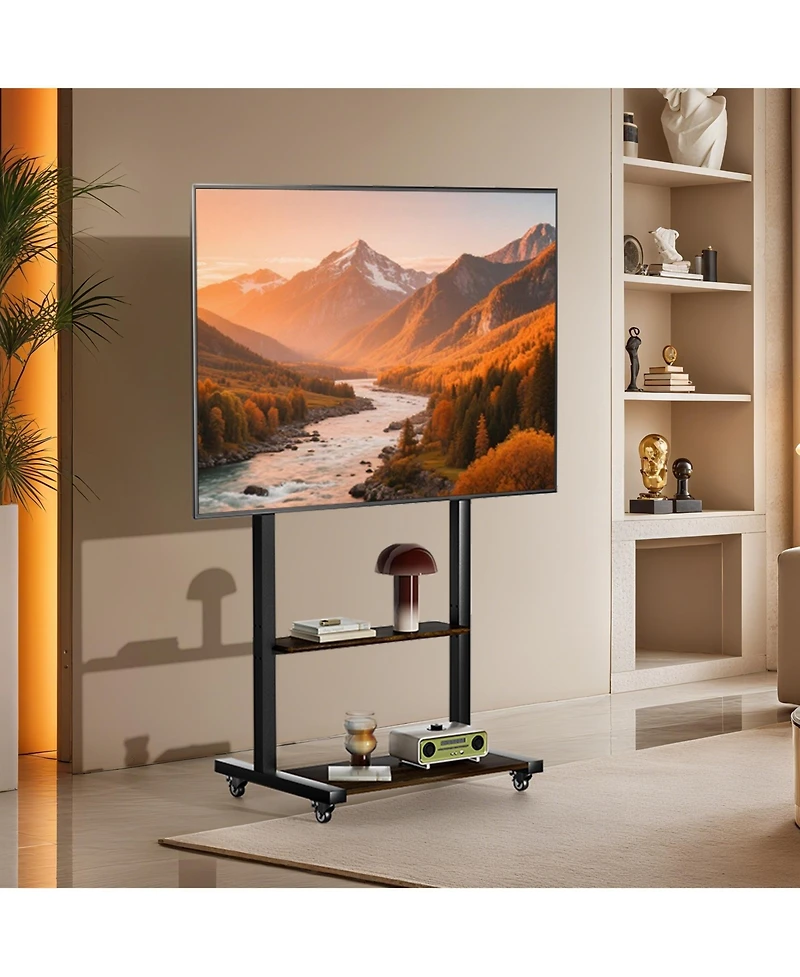 Unho Mobile Tv Stand Rolling Cart 40-86 Inch, Height Adjustable, Lockable Wheels, 2 Shelves and Cable Management